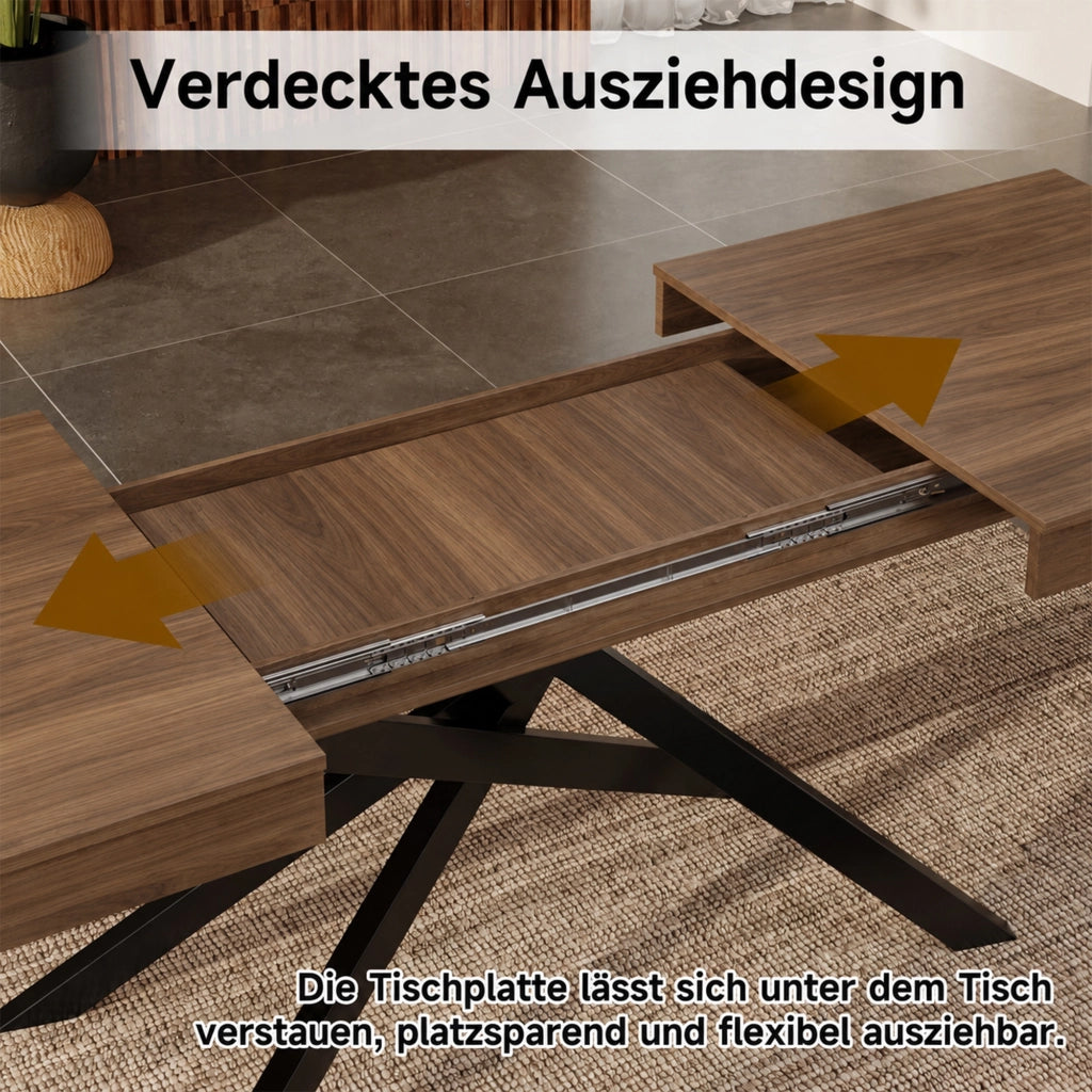 Tavolo da Pranzo Allungabile 140-180x80 cm 6-8 Posti LEMONMAX; Piano MDF Spesso; Gambe Incrociate in Metallo; Finitura Effetto Noce; H 76 cm