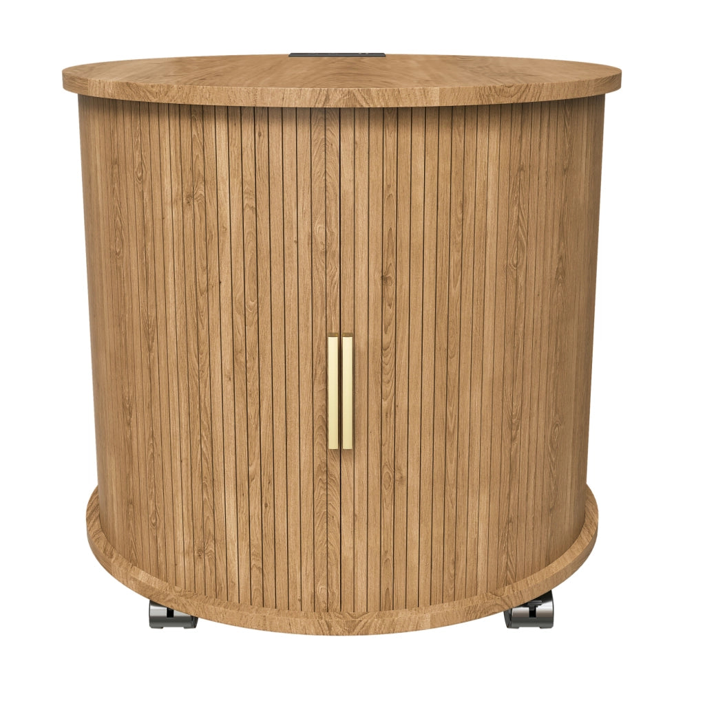 Comodino cilindrico stile Mid-Century con stazione di ricarica (presa elettrica + 2 USB), anta scorrevole e doppio vano, finitura effetto quercia, 60x60x60 cm