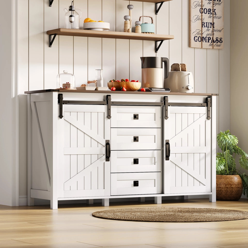 Credenza con 2 ante scorrevoli e 4 cassetti; mobile contenitore in MDF per cucina; sala da pranzo e soggiorno; bianco; 137 × 40 × 81.5 cm