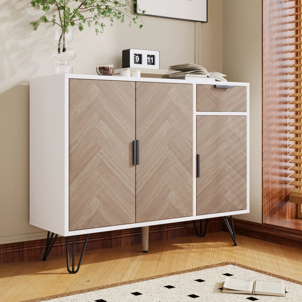 Mobile contenitore moderno bianco e effetto legno, 1 cassetto, ripiani regolabili in altezza (90 x 30 x 71,5 cm)