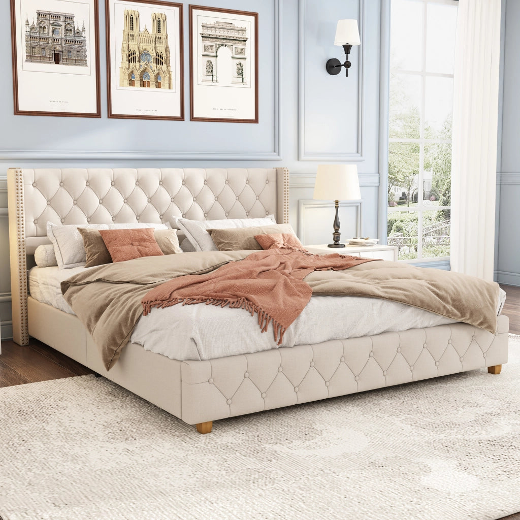 Letto matrimoniale imbottito in lino 140 x 190 cm, letto matrimoniale, testiera trapuntata a bottoni e borchie decorative, piedi in legno, beige