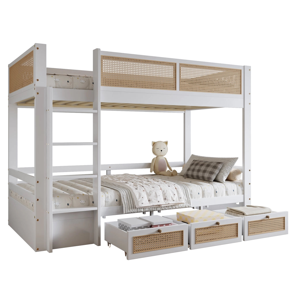 Letto a castello per bambini 90 × 200 cm 2 posti con 3 cassetti, scala a 4 gradini e barriere, senza materasso