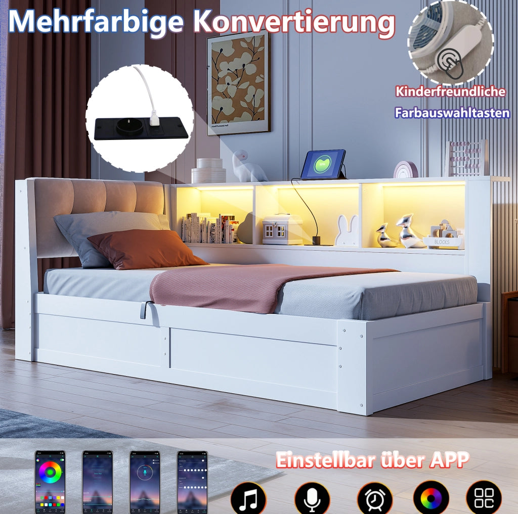Letto singolo 90x200 cm con contenitore laterale, LED e USB