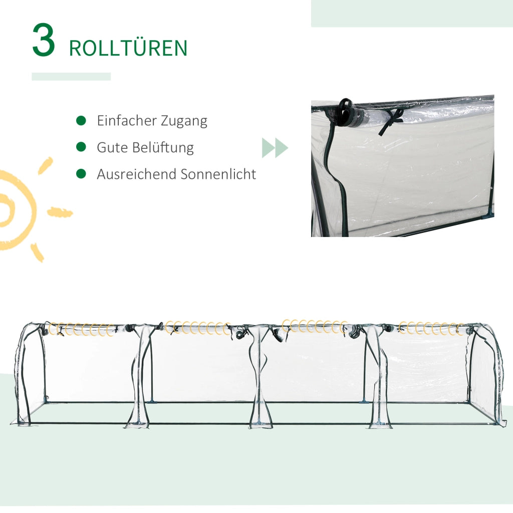 Serra a tunnel per orto e giardino 395 x 100 x 80 cm, telaio in acciaio e 4 finestre con zip, telo trasparente