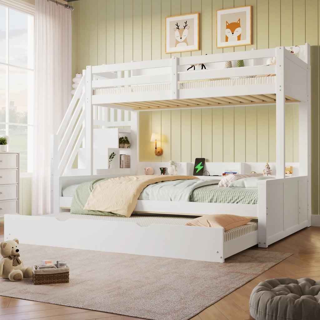 Letto a castello 90 × 200 cm e 140 × 200 cm con letto estraibile; scala contenitore e USB; in legno bianco