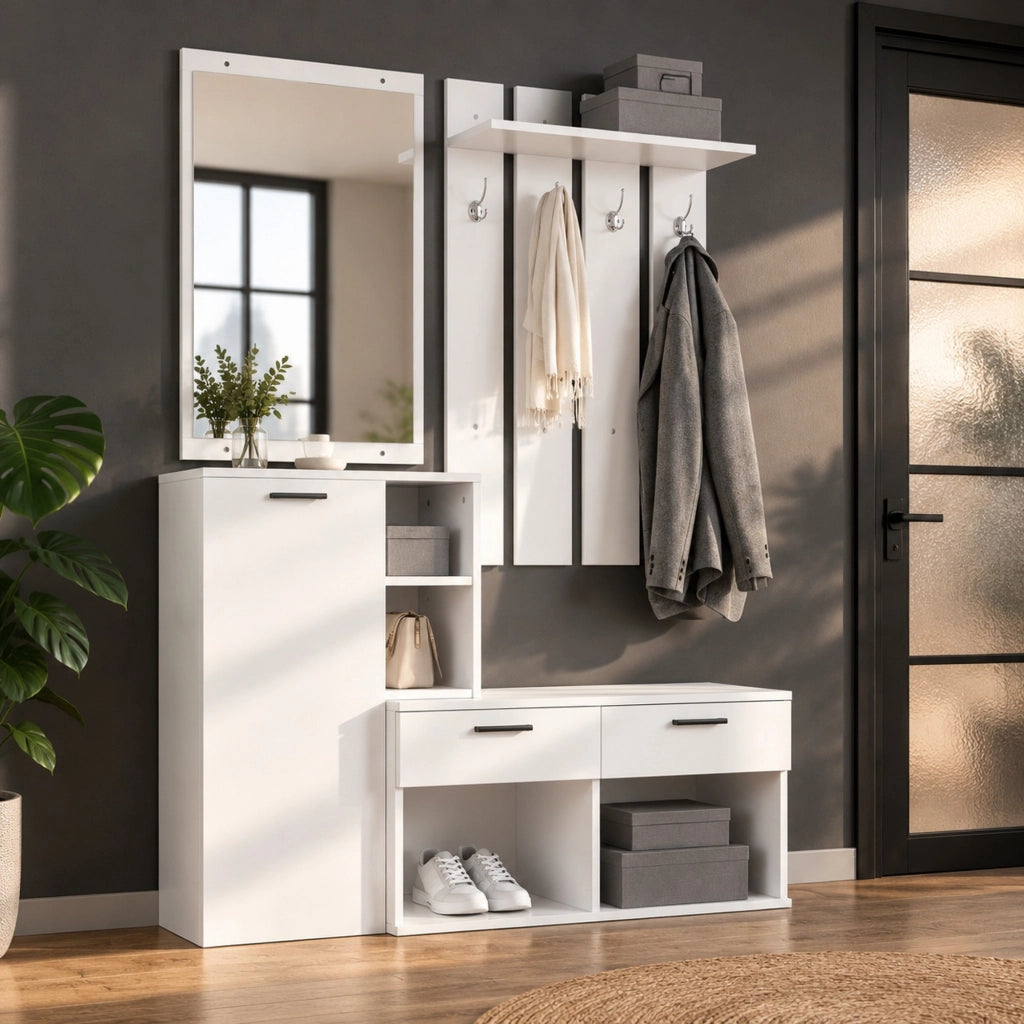 Mobile guardaroba da ingresso con scarpiera; specchio e 2 cassetti; MDF bianco; 120 ¡Á 35 ¡Á 175.5 cm