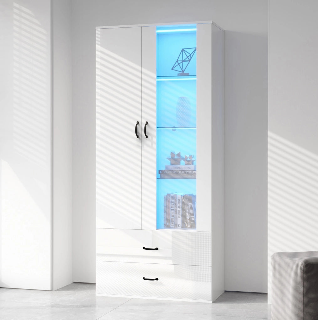 Vetrina libreria LED 59;5x35x182 cm con 2 ante e 2 cassetti in truciolare bianco