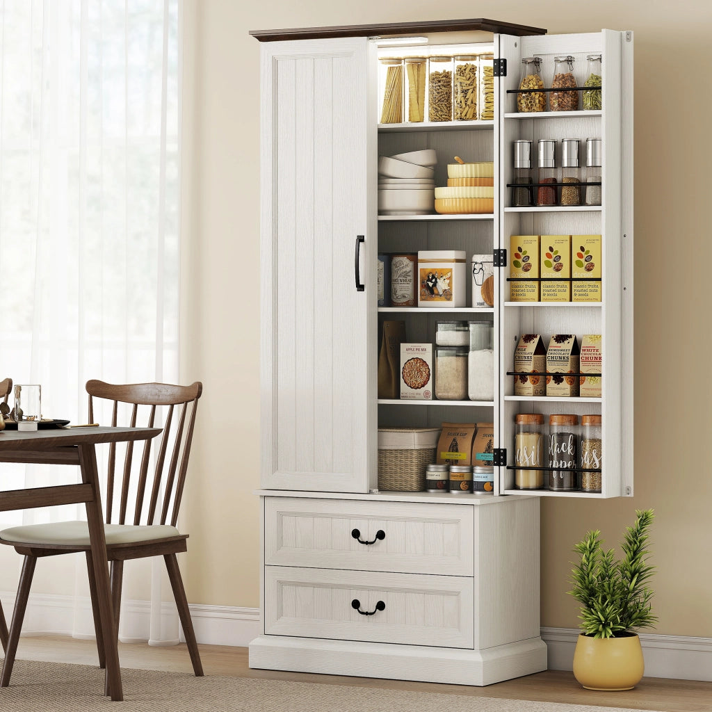 Mobile dispensa da cucina con luce LED a sensore, armadio alto 2 ante e cassetti, ripiani regolabili, 76x39,5x183cm, bianco