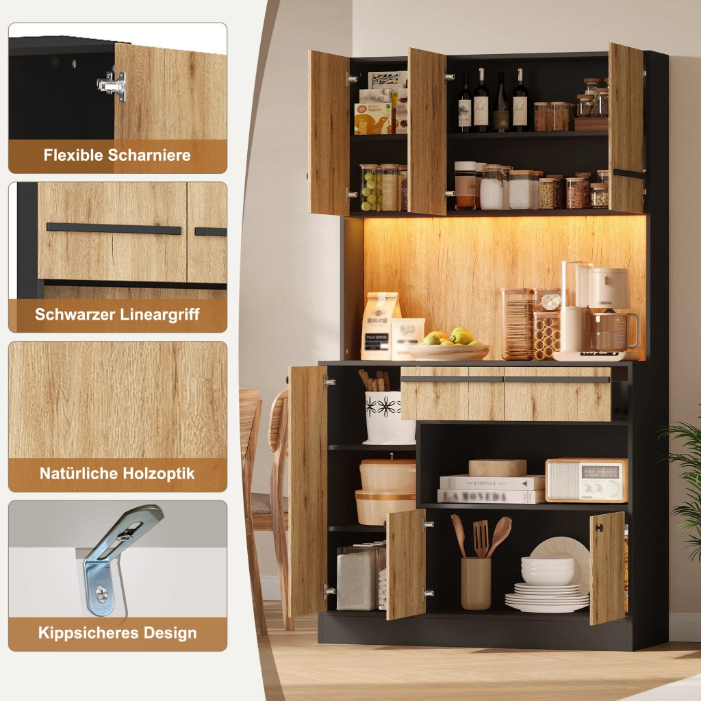 Mobile colonna da cucina con LED RGB; 2 cassetti e ripiani regolabili in MDF naturale e nero 100 × 40 × 180 cm