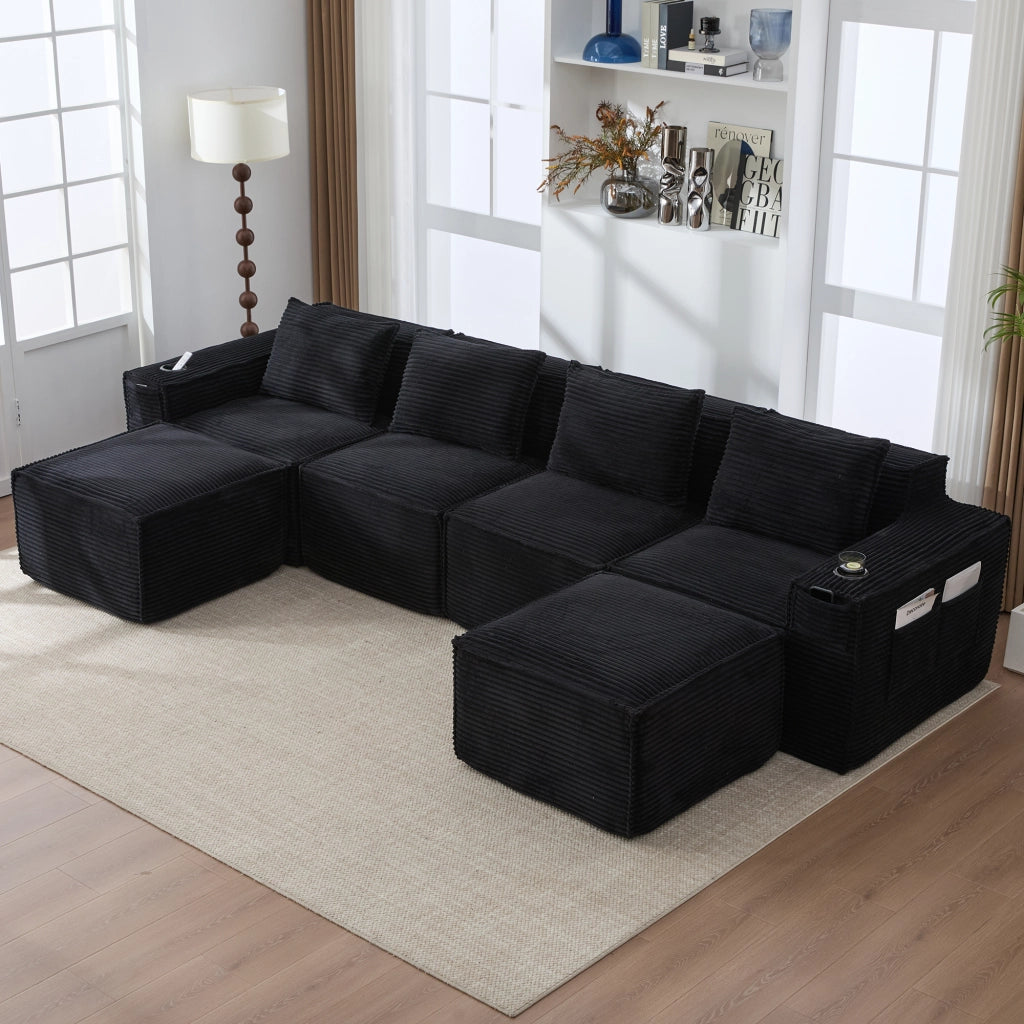 Divano modulare 4 posti con 2 pouf; portabevande e tasche in velluto a coste nero