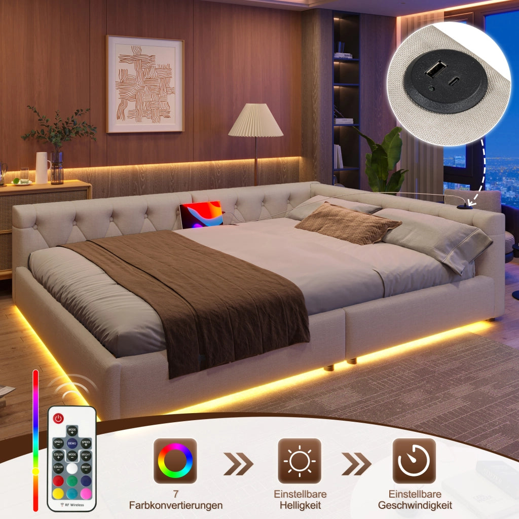 Letto divano matrimoniale 140 × 200 cm con USB; ricarica tipo C e LED regolabile; senza materasso; beige