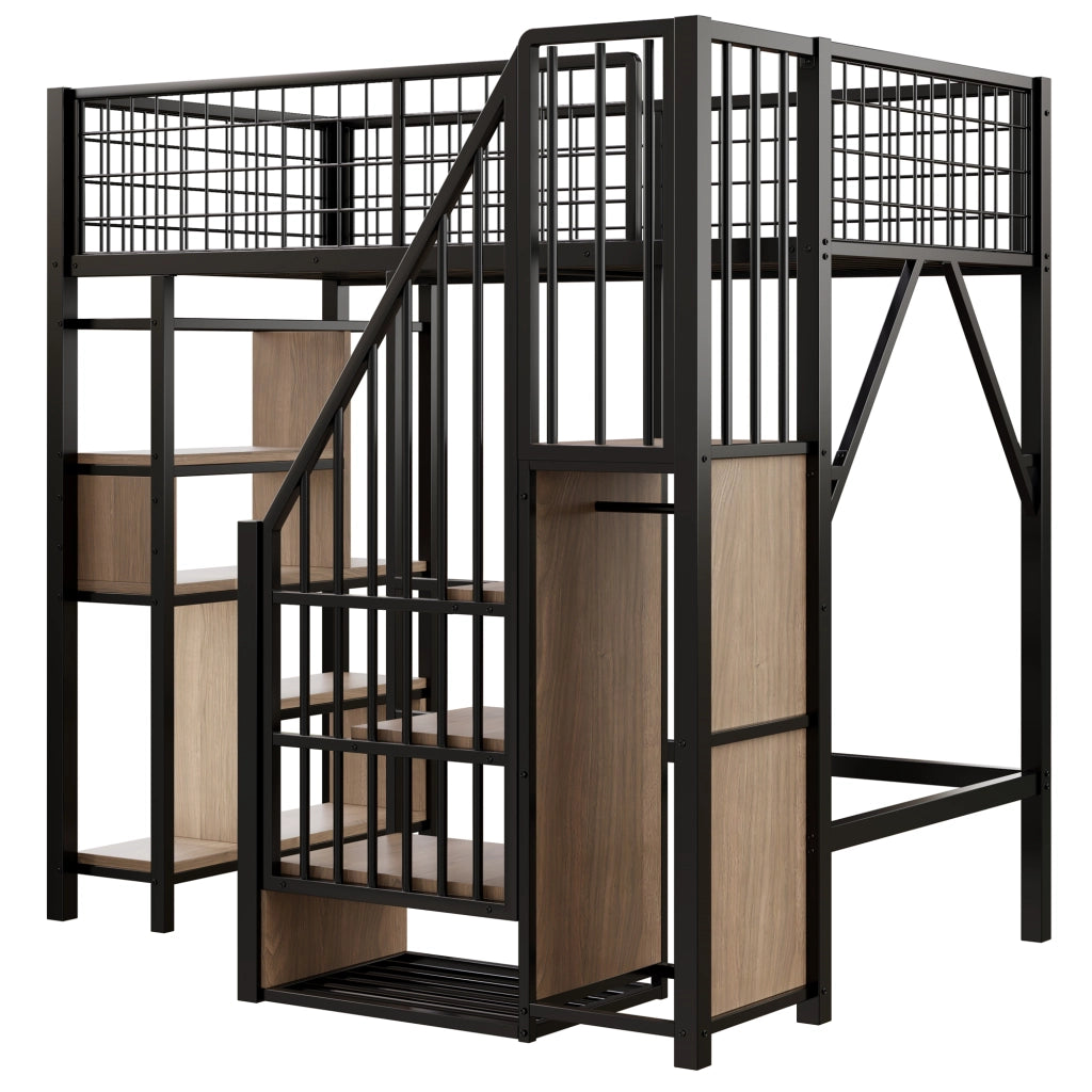 Letto a soppalco 90 × 200 cm con scala contenitore; vano con ripiani; 20 doghe in metallo e legno nero