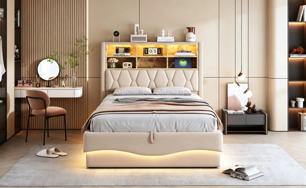 Letto imbottito 140x200 cm con contenitore idraulico, illuminazione LED controllata via app, struttura metallica e rivestimento in lino beige