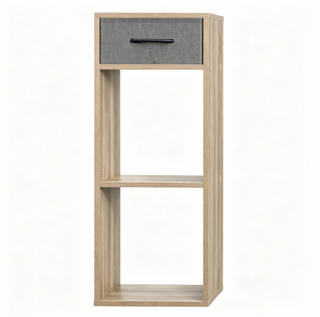 Libreria a cubi in legno ingegnerizzato con 1 cassetto in tessuto e 2 ripiani aperti, mobile verticale salvaspazio