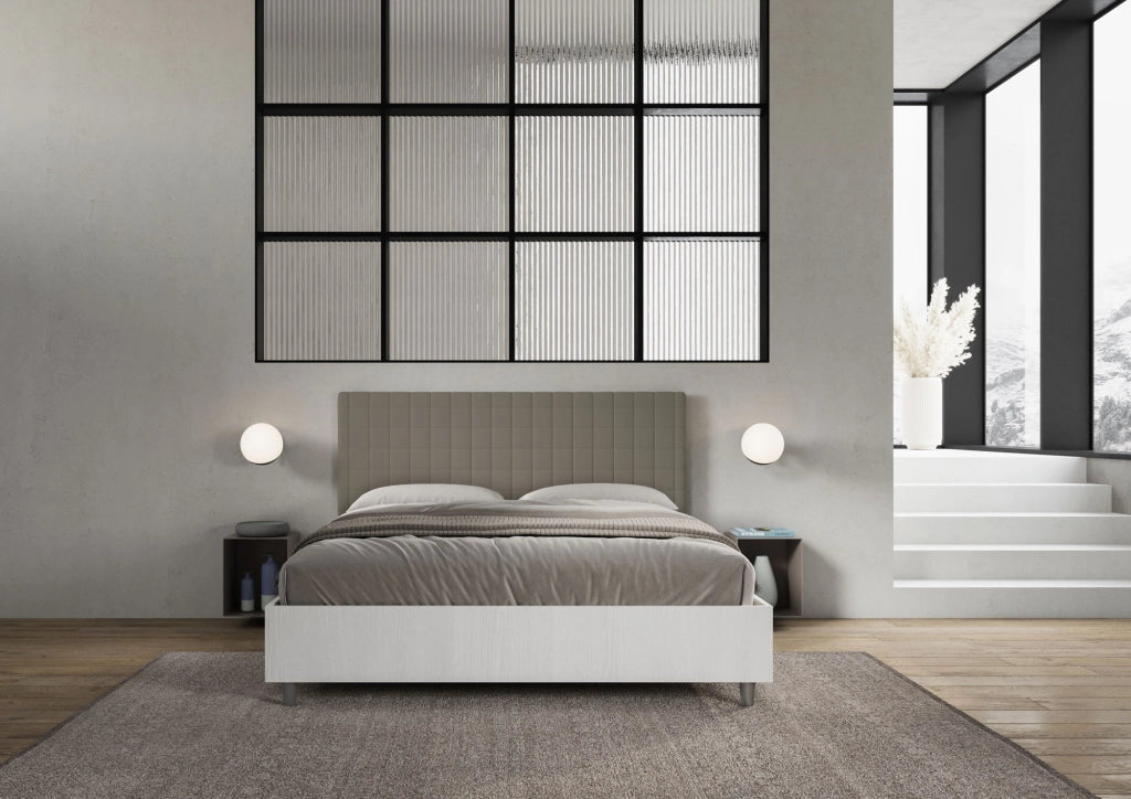 BS COM Letto matrimoniale con rete 160x200 bianco frassino testata similpelle cappuccino
