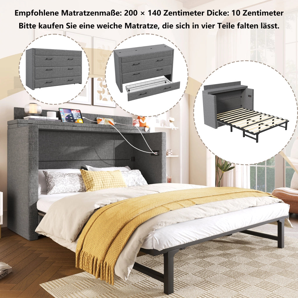 Letto a Scomparsa 140x200 cm in Lino con Cassetto; USB-C e Modulo Contenitore Mobile; Grigio