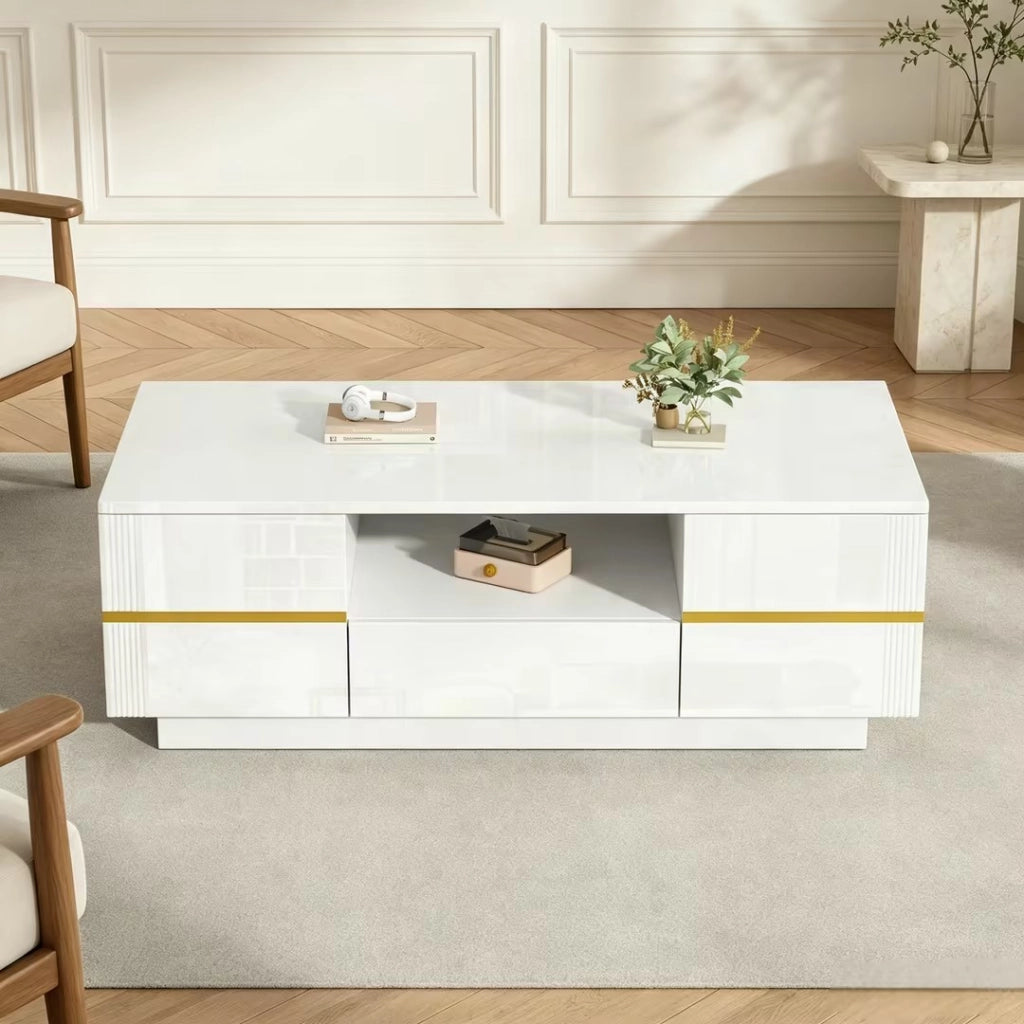 Tavolino da salotto bianco con dettagli dorati, MDF, 100 x 50 x 35,5 cm, 2 ante e 1 cassetto