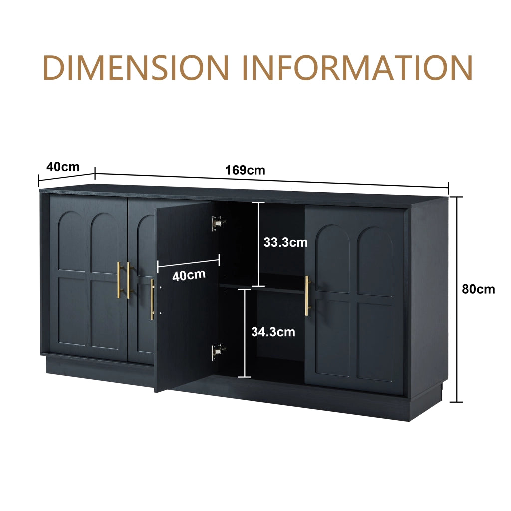Credenza modulare in MDF nero con ripiani regolabili; maniglie in metallo e sistema anti-ribaltamento per soggiorno; cucina e sala da pranzo
