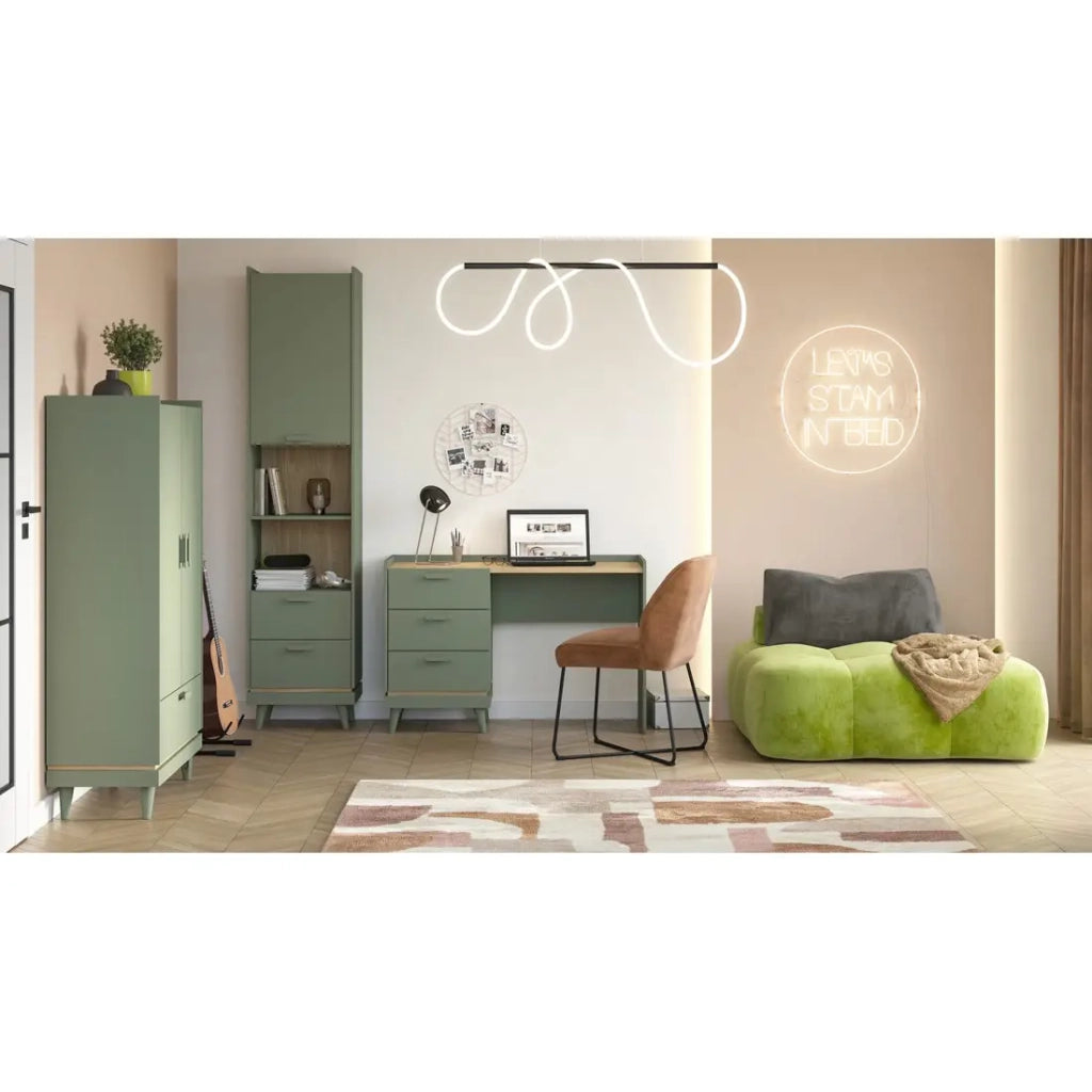 Set ufficio NOKI – Scrivania + armadio per archiviazione + libreria – Verde e legno scandinavo