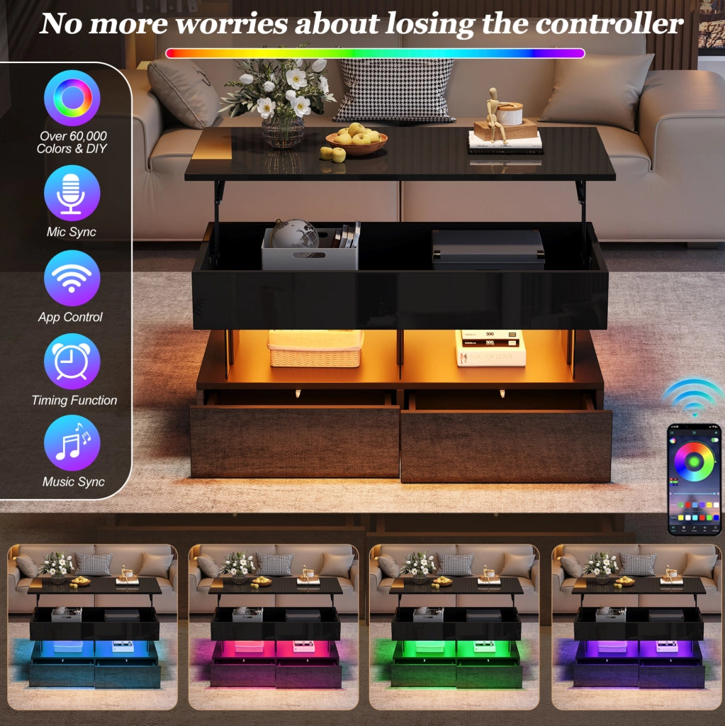 Tavolino da caffè nero 100x50x46 cm con piano regolabile, 2 cassetti e illuminazione LED controllata via app