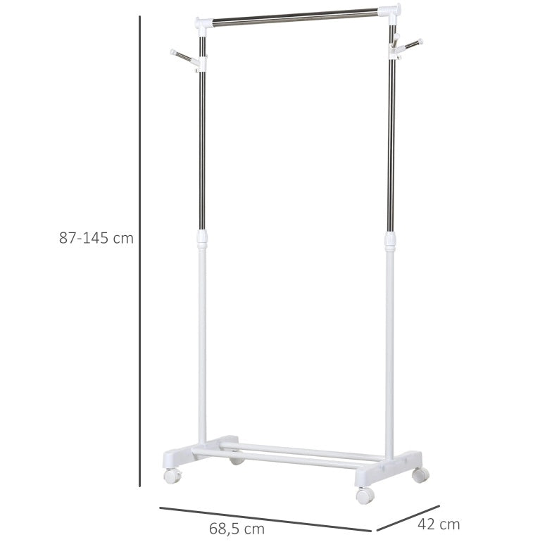 Appendiabiti mobile regolabile in altezza con ripiano inferiore e 4 ruote, bianco