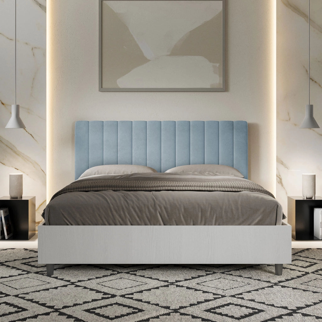 BS COM Letto matrimoniale con rete 160x190 bianco frassino testata microfibra azzurro