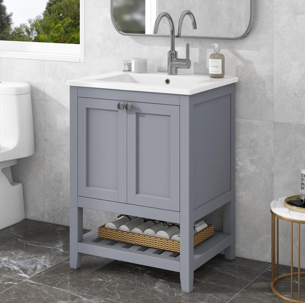 Mobile bagno con lavabo in ceramica e base contenitore 60 cm, grigio chiaro