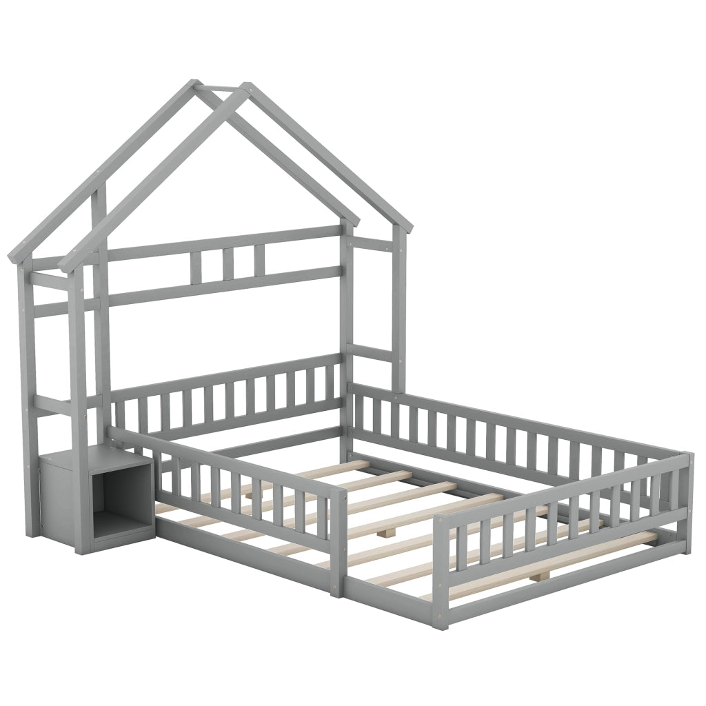 Letto a Casetta 140x200 cm in legno di pino con Sponde di Sicurezza Grigio