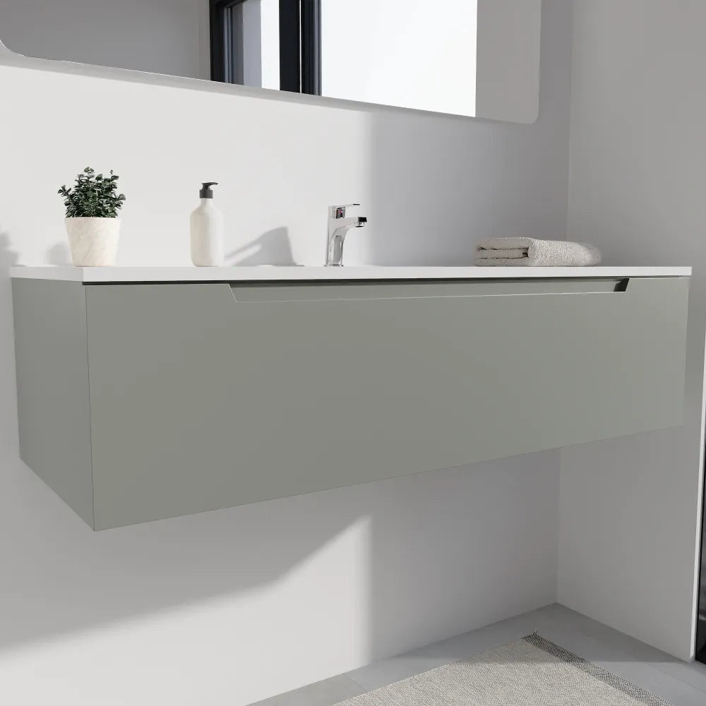 Mobile bagno sospeso 120cm smoke green opaco un cassettone con lavabo bianco opaco| Bako