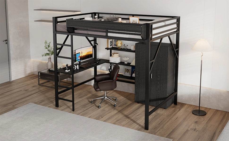 Letto a soppalco per bambini 140 × 200 cm con scrivania, armadio, ripiani e struttura in ferro e MDF nera