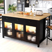 Isola da cucina con 3 cassetti; ante in vetro scanalato e piano 150 x 80 cm; nera e naturale