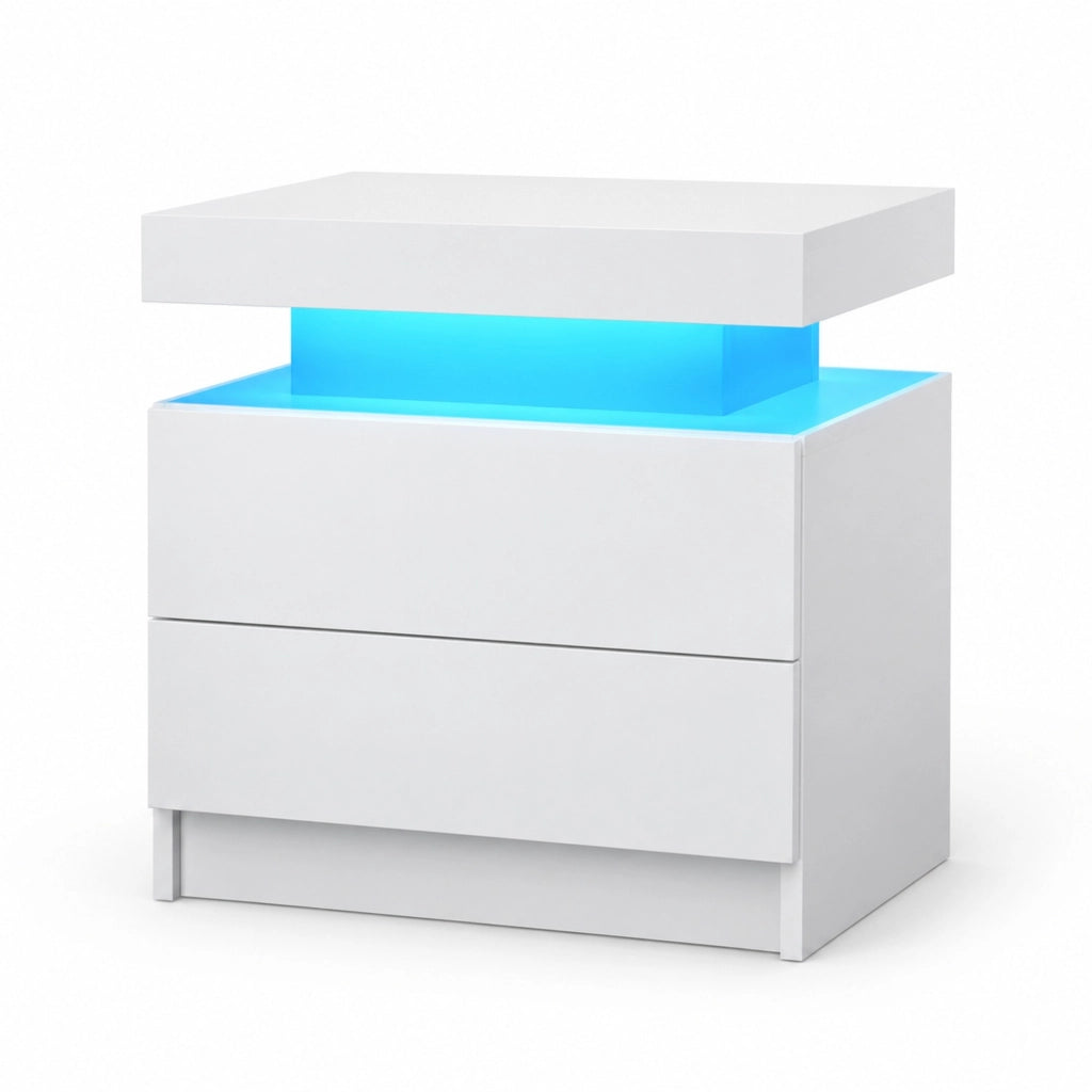 Comodino Moderno Bianco con Luci LED Regolabili e 2 Cassetti per Camera da Letto