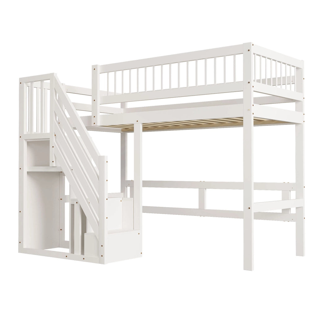 Letto singolo rialzato 90x200 cm con scala contenitore in pino, compensato e MDF bianco