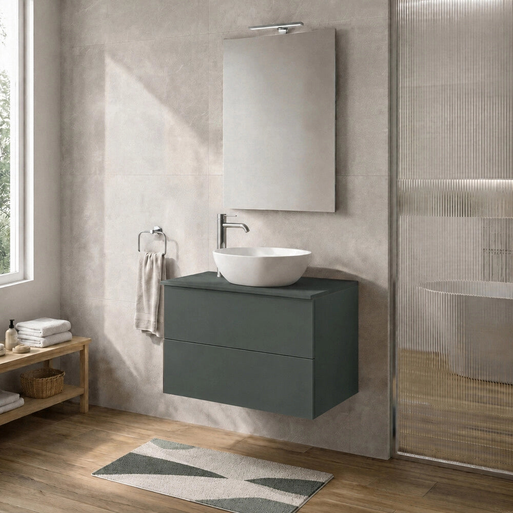 Mobile bagno sospeso 80 cm verde portalavabo due cassetti Tierra
