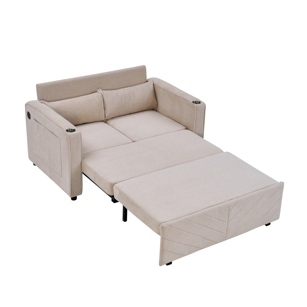 Divano letto 195x134x73 cm trasformabile con porte USB in legno e tessuto beige