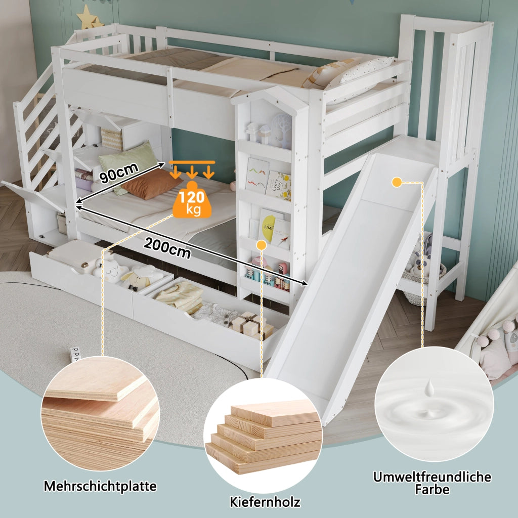 Letto a castello per bambini 90 × 200 cm con scivolo, 2 cassetti, libreria e scala contenitore, senza materasso