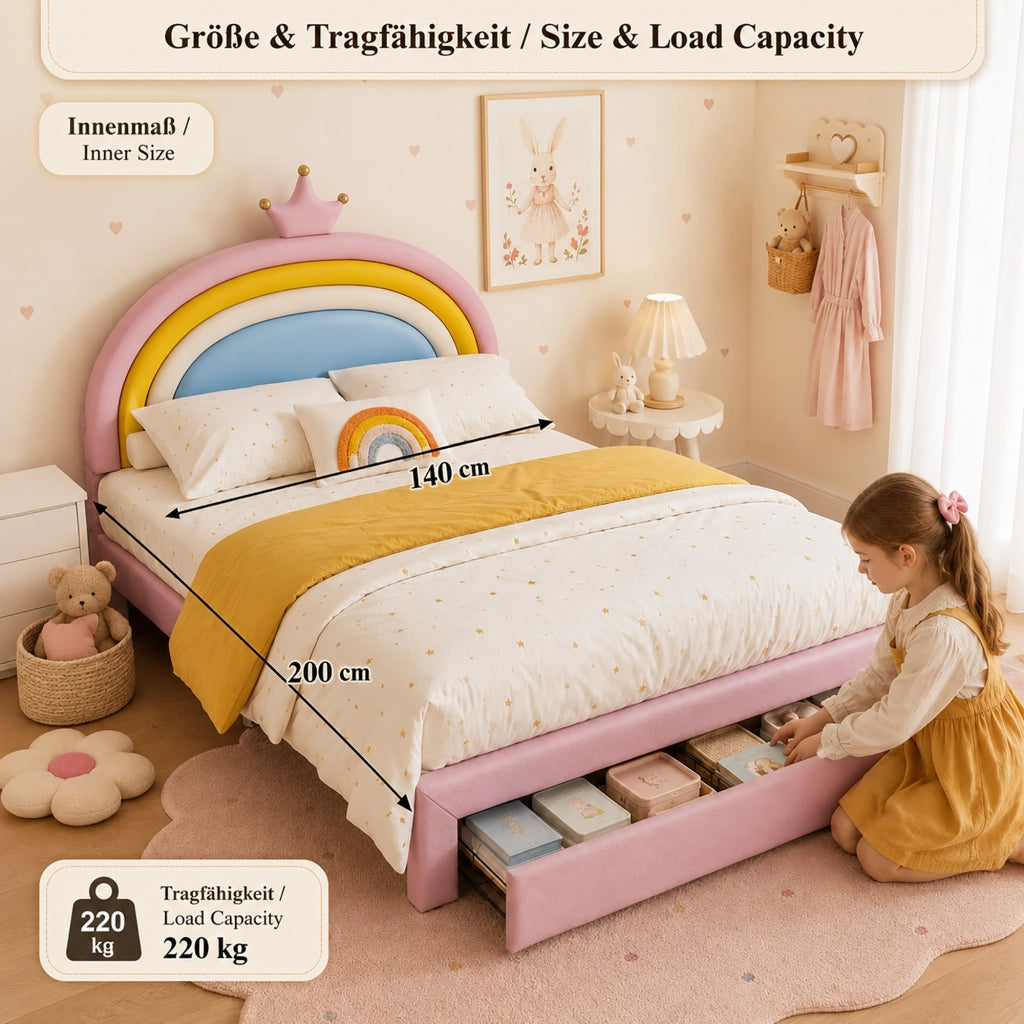 Letto per bambini 140 × 200 cm con 2 cassetti e testiera regolabile, senza materasso, con rivestimento in PU rosa
