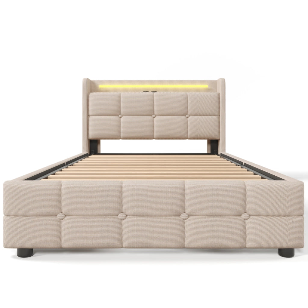Desviae Letto Singolo 1 Posto con 2 Cassetti, USB, Prese e LED Regolabile 90 × 200 cm, Senza Materasso, Beige