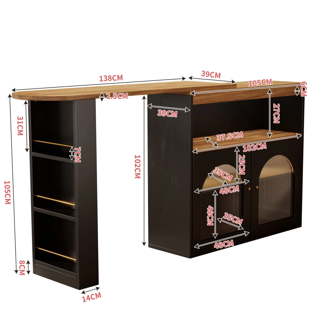 Tavolo bar girevole ed estensibile 138-193x39x105 cm con LED e ripiani; nero