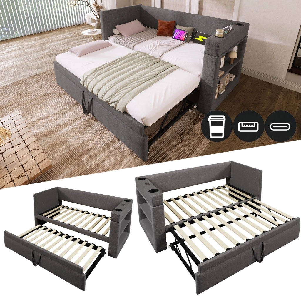 Letto con letto estraibile 90 × 190 cm con USB e Type-C portabevande braccioli reversibili cotone e lino grigio
