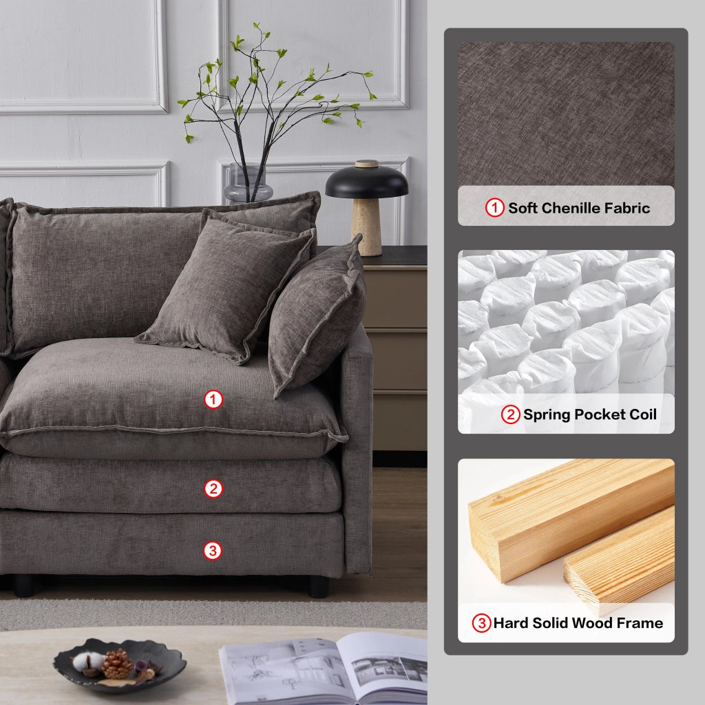 Divano Angolare Modulare 3 Posti con Pouf, Chenille Grigio
