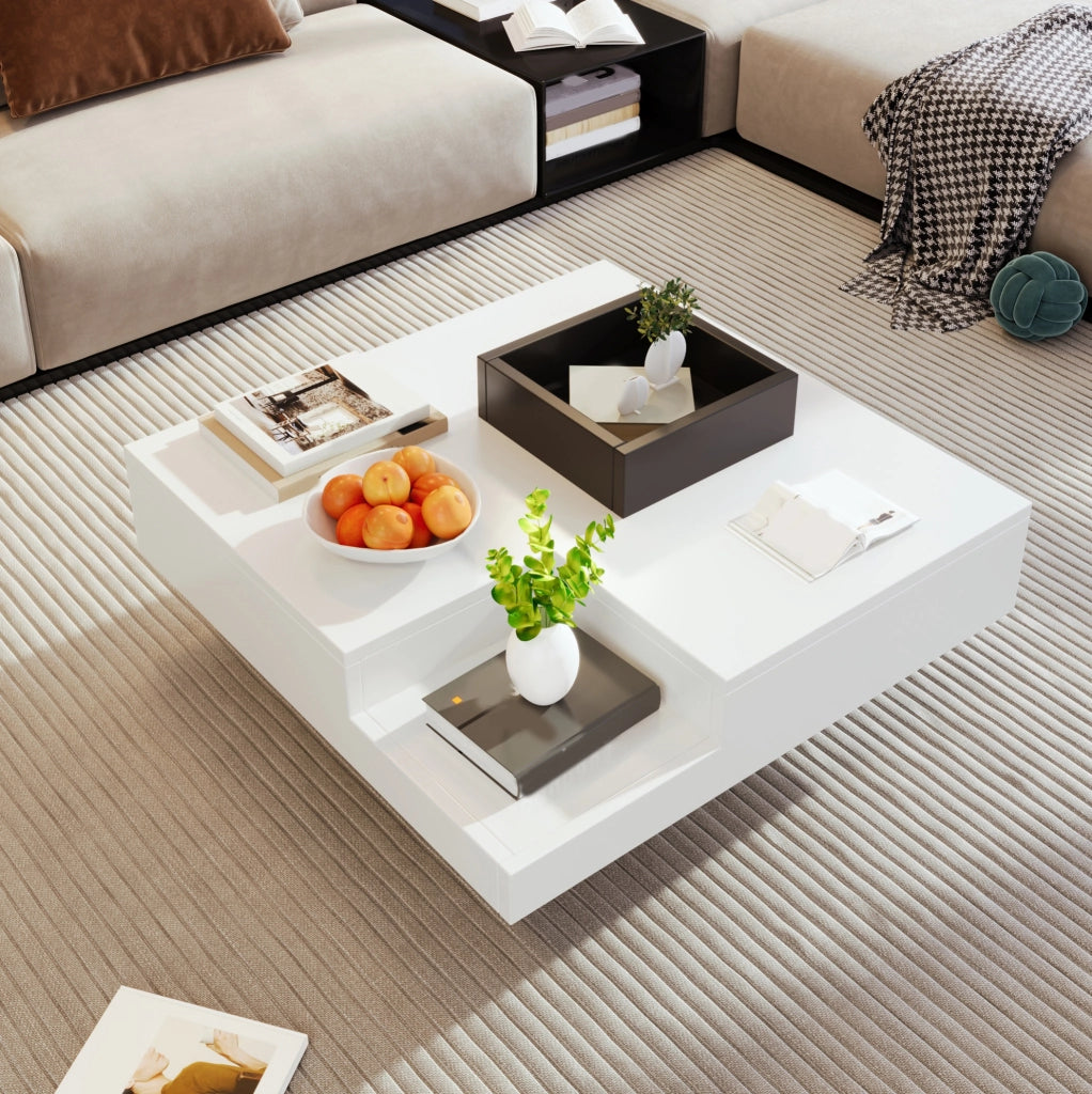 Tavolino da caffè 72x72x30 cm in truciolare lucido bianco e nero con box portaoggetti e LED