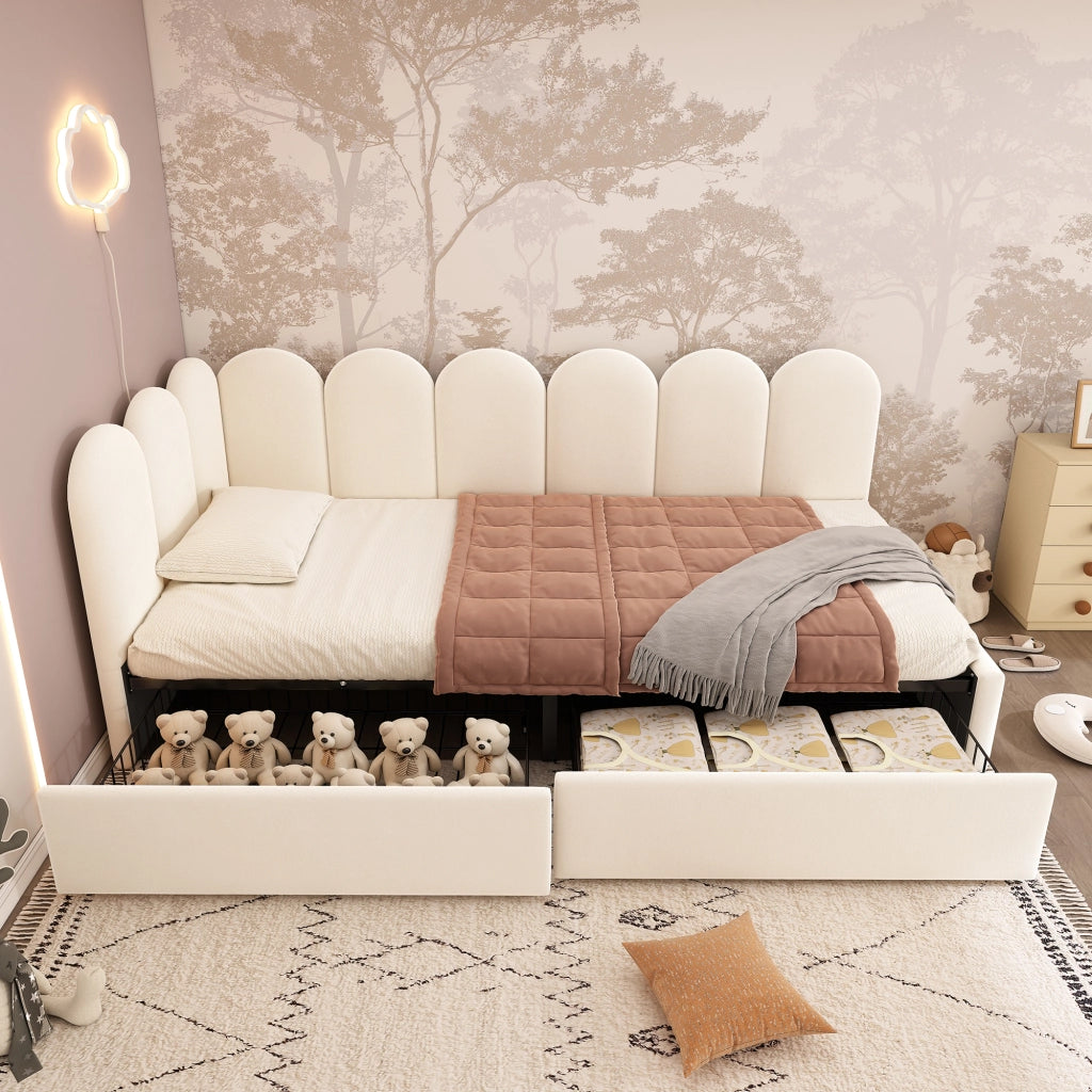 Letto singolo imbottito 90 ¡Á 200 cm con due cassetti in velluto beige con rete a doghe e lati intercambiabili