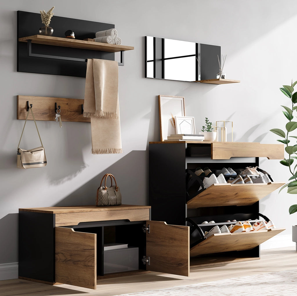 Set ingresso modulare con specchio, scarpiera e appendiabiti