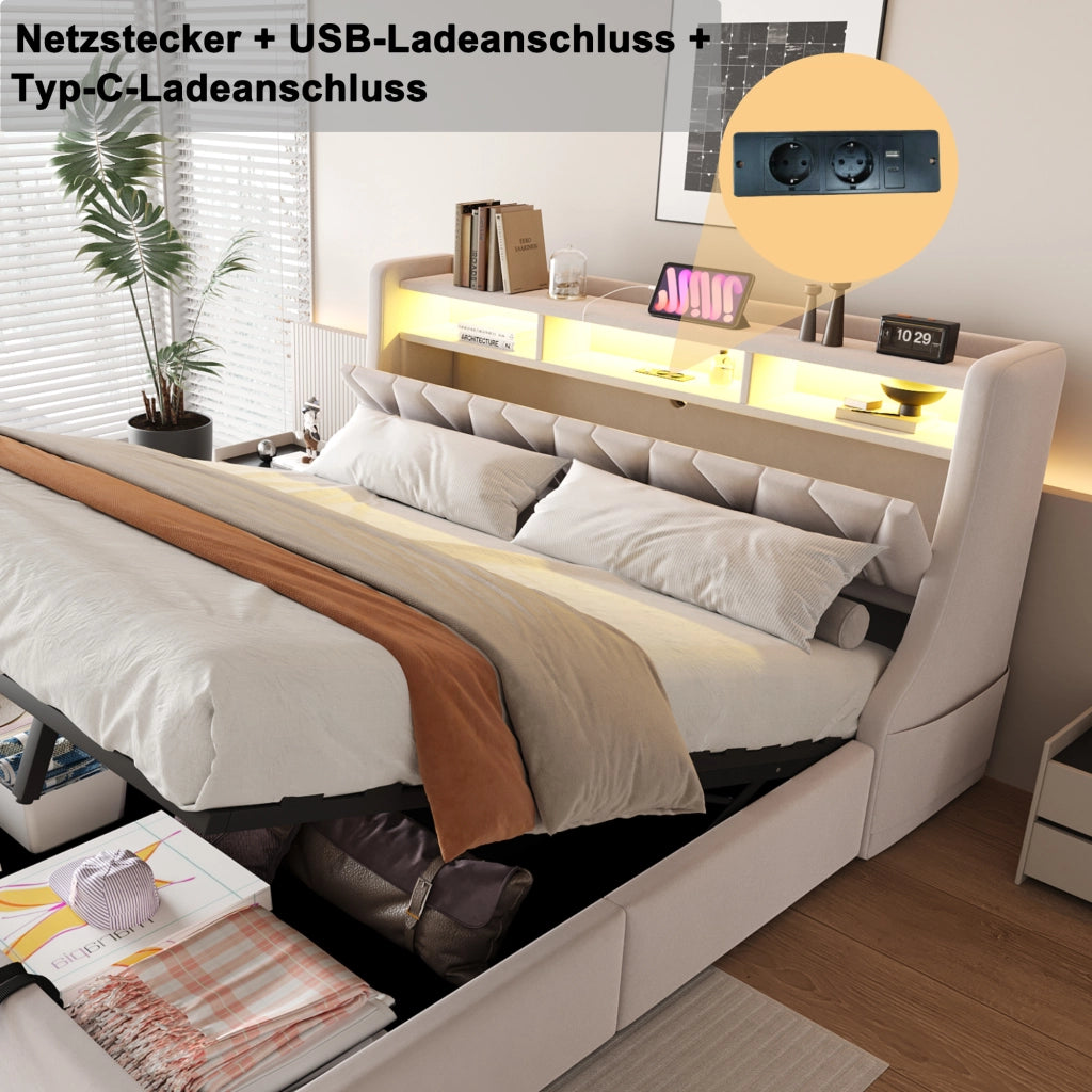 Letto contenitore 180 × 200 cm con testiera imbottita in velluto beige LED USB