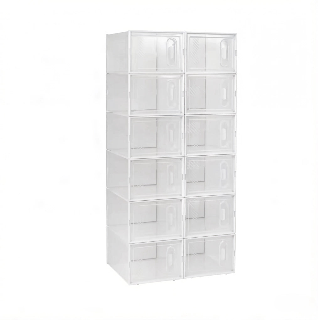 Set di 12 scatole per scarpe impilabili trasparenti e bianche 50x35,5x111,5 cm