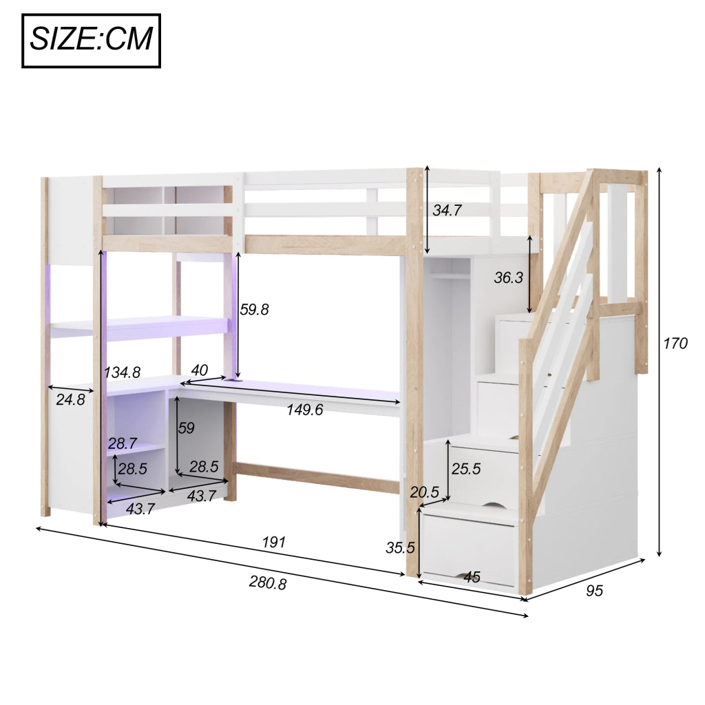 Letto a soppalco 90 × 200 cm con scrivania, armadio, scale contenitore e LED, senza materasso, bianco naturale
