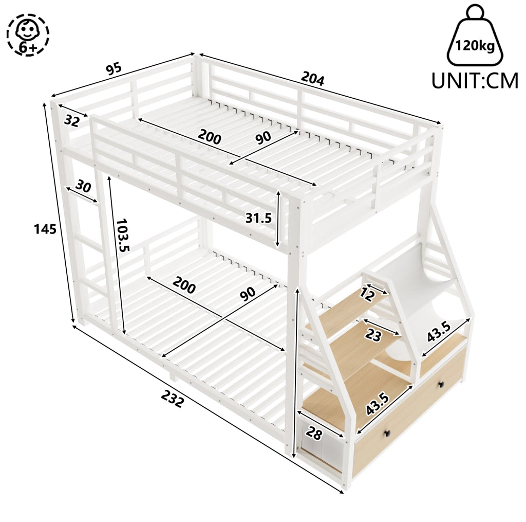 Letto a castello 90x200 cm in legno e metallo bianco con LED e 2 cassetti