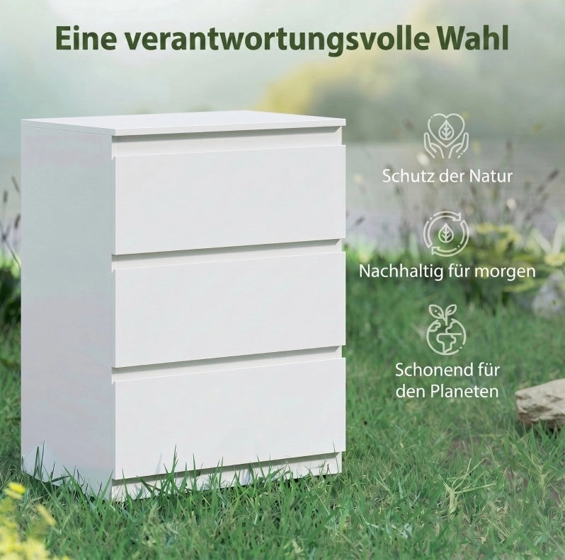 Comò bianco con 3 cassetti senza maniglie, mobile moderno per camera da letto 75x55x34 cm