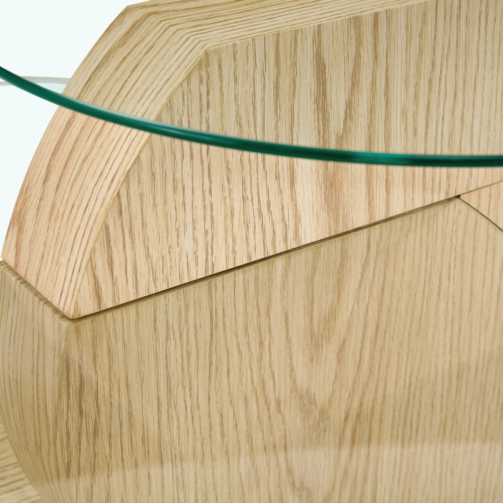 Tavolino da caffè moderno con piano in vetro di sicurezza e struttura in MDF effetto legno chiaro, design a due livelli
